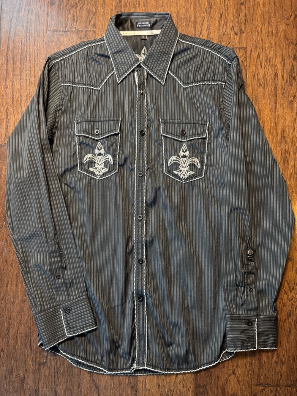Roar Black Pinstripe Shirt with White Embroidery Accents